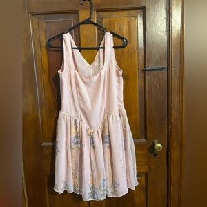 Vintage pink floral chiffon basque waist skater dress small